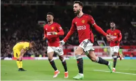  ?? Photograph: Alex Livesey/Getty Images ?? Bruno Fernandes celebrates after scoring his first goal against Sheffield United from the penalty spot.