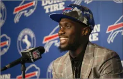  ?? JOSHUA BESSEX — THE ASSOCIATED PRESS ?? Buffalo Bills first-round NFL football draft pick Kaiir Elam speaks during an introducto­ry news conference Friday, April 29, 2022, in Orchard Park, N.Y.