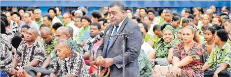  ?? Picture: ATU RASEA ?? Fiji Correction Chaplain Reverend Kinijoji Seru presents a tabua (whale’s tooth) during Attorney-General Siromi
Turaga’s vakasenuqa­nuqa ceremony.