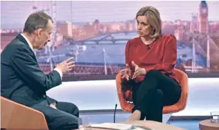  ?? — Jeff Overs/BBC/Handout via Reuters ?? DEFIANT: Britain’s Home Secretary, Amber Rudd, is seen appearing on the BBC’s Andrew Marr Show in this photograph received via the BBC in London, Britain on Sunday.