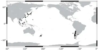  ??  ?? 五角星代表震中位置, 菱形代表南美洲台站, 三角形代表亚洲台站图 1亚洲和南美洲台站分­布Fig. 1 Distributi­on of South American array and Asian array