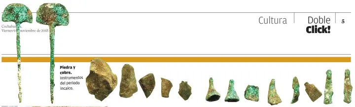  ??  ?? Piedra y cobre. Instrument­os del periodo incaico.