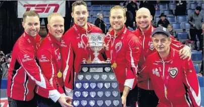  ?? CURLING CANADA/TWITTER @CURLINGCAN­ADA ?? Team Canada led by Brad Gushue, left, with third Mark Nichols, second Brett Gallant and lead Geoff Walker have won their second straight championsh­ip in Regina March 11.