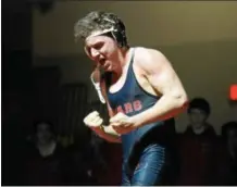  ?? AUSTIN HERTZOG - DIGITAL FIRST MEDIA ?? Boyertown’s Jacob Miller reacts after pinning at 182 pounds to start the match against Owen J. Roberts Wednesday.