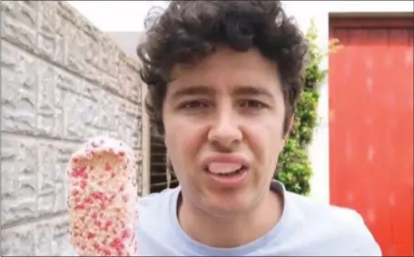  ??  ?? Comedian Bernard Casey gets his substantia­l teeth and gums around a Brunch as part of the Laune Rangers #icecreamch­allenge.