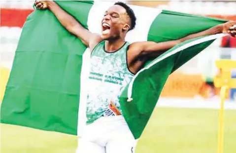  ?? ?? Udodi Onwuzurike, after winning gold for Team Nigeria at the last World U20 Championsh­ip in Nairobi, Kenya