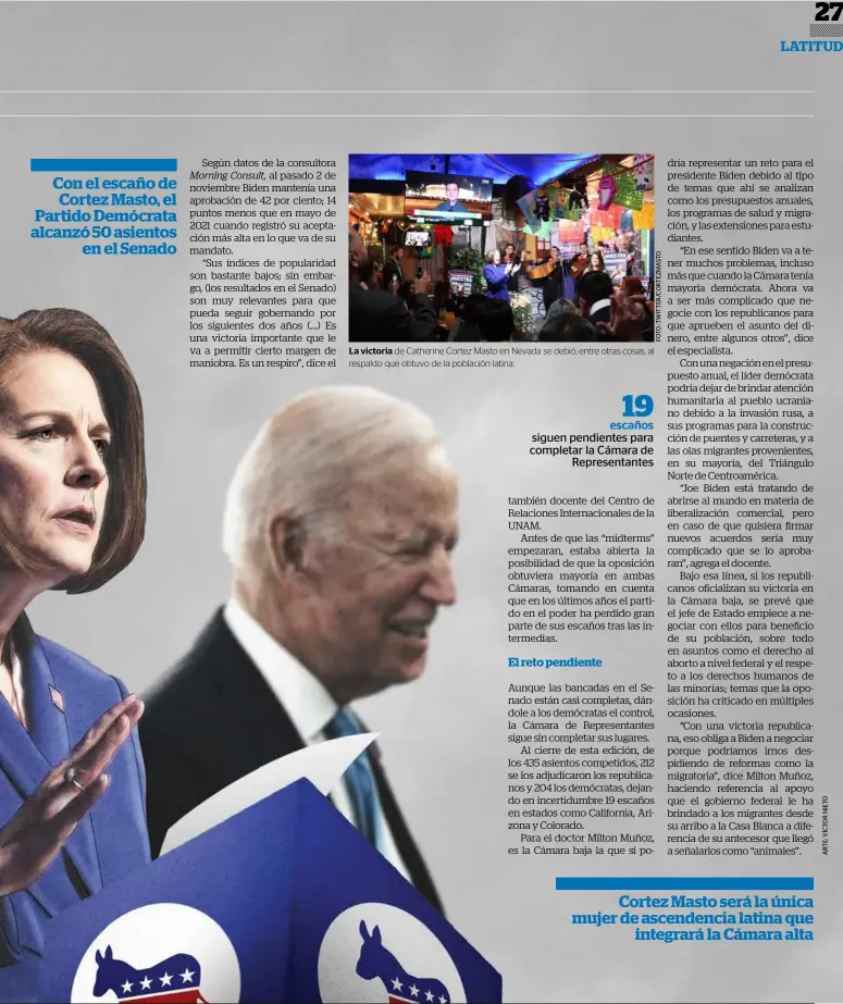  ?? ?? La victoria de Catherine Cortez Masto en Nevada se debió, entre otras cosas, al respaldo que obtuvo de la población latina.