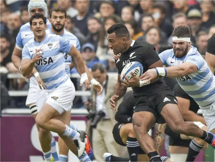  ?? Photo: AAP ?? Fijian-born New Zealand All Blacks winger Sevu Reece on the burst against Argentina in the Rugby Championsh­ip opener in Buenos Aires, Argentina on July 21, 2019. All Blacks won 20-16.