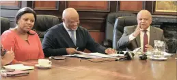  ??  ?? SAA board chairwoman Dudu Myeni,left, met Deputy Finance Minister Mcebisi Jonas and Minister Pravin Gordhan in Pretoria last week. The DA has vowed to “relentless­ly interrogat­e” Myeni and other executives in Parliament tomorrow..