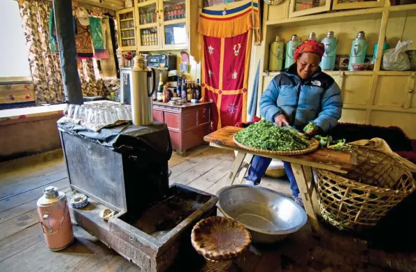  ?? © Anthony Nicolazzi ?? Cidessus : un pe t lodge tradi onnel, à Namche Bazar. Le peuple sherpa, installé dans les vallées du Khumbu, est pra quant du bouddhisme bétain. Page de droite en haut : Sur le chemin qui mène à la gompa de Tengboche, peu après Namche Bazar, apparaît...