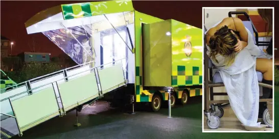  ??  ?? Sobering: An alcohol recovery centre set up by medics in Bristol. Inset: A reveller waits to be seen by doctors in A&E