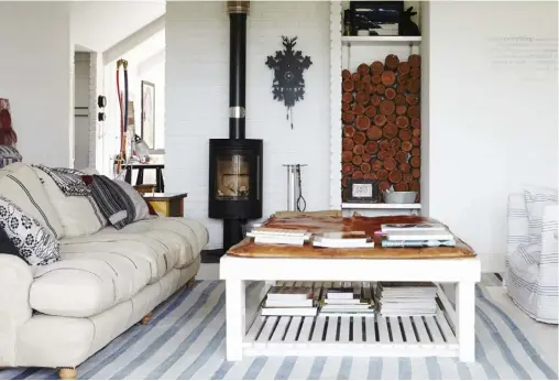  ??  ?? stylish and unfussy, reflecting Caryl’s design aesthetic
OPPOSITE Welsh wool weaves are layered over striped linens and patchwork in the living room