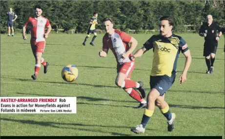  ?? Picture: Dan (JMA Media) ?? HASTILY-ARRANGED FRIENDLY Rob Evans in action for Moneyfield­s against Follands in midweek