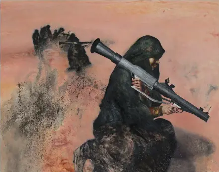  ?? ?? Gulf Women Prepare for War, 1986, oil on canvas, 48in by 57in, by Maggi Hambling (b. 1945), New Art Hall Collection, Murray Edwards College, University of Cambridge