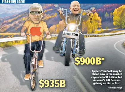  ??  ?? * Intraday high Apple’s Tim Cook may be ahead now in the market cap race to $1 trillion, but Amazon’s Jeff Bezos is gaining on him — fast.