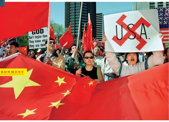  ??  ?? WAR OF THE WORLDS Counterclo­ckwise from top: Surveillan­ce cameras symbolize China’s security apparatus; Uyghurs at prayer in western China; protesters in Toronto in 1999 up in arms against the bombing of China’s Belgrade Embassy.