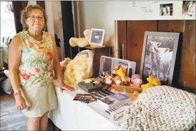  ?? N.F. Ambery / For Hearst Connecticu­t Media ?? Riverton Grange Fair Secretary Raine Pedersen, 63, at the sheep educationa­l display table she had created with Jason and Teresa Fuller of Riverton’s Grassy Knoll Farm on Saturday afternoon.