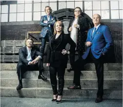  ??  ?? David Chilton, Michael Wekerle, Arlene Dickinson, Vikram Vij and Jim Treliving, left to right, make up the 2014 cast of Dragons’ Den.