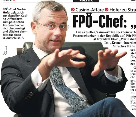  ??  ?? FPÖ-Chef Norbert Hofer zeigt sich zur aktuellen Casino-Affäre bzw. zum politische­n Postenscha­cher nicht beunruhigt und plädiert ebenfalls für einen U-Ausschuss.