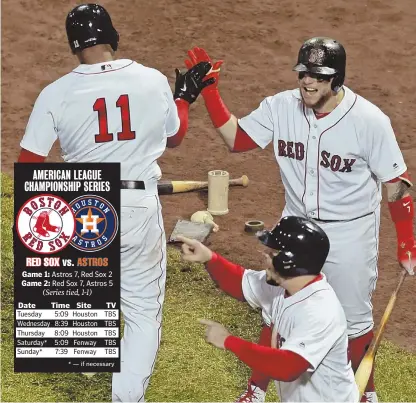  ?? STAFF PHOTO BY STUART CAHILL ?? ALL IN: Christian Vazquez (top right) celebrates with Rafael Devers (11) and Steve Pearce, who both scored on a bases-loaded double by Jackie Bradley Jr. during the Red Sox’ 7-5 win in Game 2 last night.