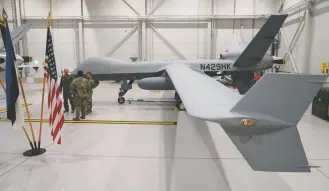  ?? Janis Laizans/reuters ?? A U.S. Air Force MQ-9 Reaper drone at Amari Air Base in Estonia in 2020. The Kremlin said it would try to retrieve the wreckage of an MQ-9 Reaper like this that was downed in the Black Sea.