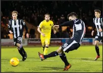  ??  ?? Ian McShane scores from the penalty spot to as St Mirren came from behind to beat Livingston 4-1 in Paisley