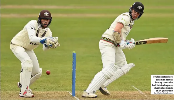  ?? Dan Mullan/Getty Images ?? Gloucester­shire batsman James Bracey turns the ball behind square during his knock of 54 yesterday