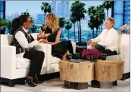  ?? MICHAEL ROZMAN/WARNER BROS. VIA AP ?? In this April 5 photo released by Warner Bros., Oprah Winfrey, left, and Laura Dern appear with host Ellen DeGeneres at a taping of "The Ellen DeGeneres Show" in Burbank, Calif.