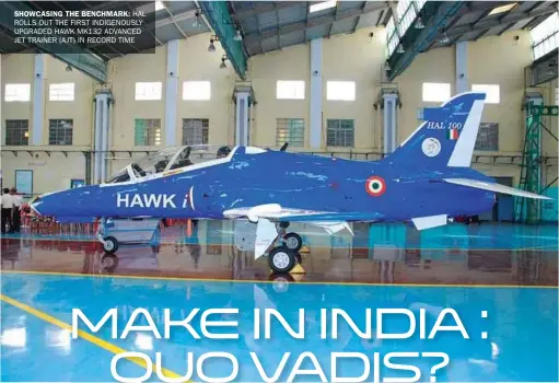  ??  ?? SHOWCASING THE BENCHMARK: HAL ROLLS OUT THE FIRST INDIGENOUS­LY UPGRADED HAWK MK132 ADVANCED JET TRAINER (AJT) IN RECORD TIME