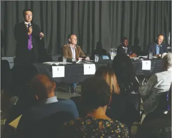  ?? TONY CALDWELL ?? Right: Conservati­ve candidate Pierre Poilievre speaks during an all-candidates election debate for the Carleton riding in Greely on Sept 18.