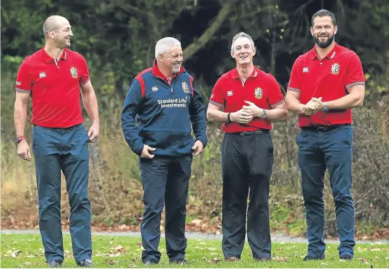  ?? Picture: PA. ?? Warren Gatland, second left, with Steve Borthwick, left, Rob Howley and Andy Farrell, right, at Carlton House, Dublin, yesterday.