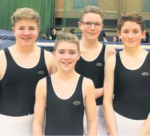  ??  ?? ●● Haslingden High School’s boys’ trampolini­ng team. From left: Harry Sneddon, Maxwell Harwood Lomax, Josh Lowthion and Will Harding