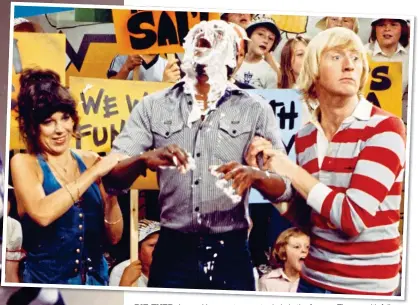  ?? ?? PIE-EYED: Lenny Henry gets a custard pie in the face on Tiswas, with fellow presenters Sally James and Chris Tarrant. Left: Tarrant flings a bucket of water