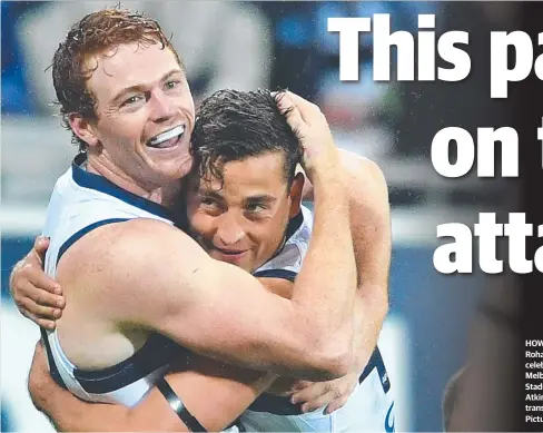  ?? Picture: QUINN ROONEY ?? HOW ABOUT THAT ONE: Gary Rohan and Luke Dahlhaus celebrate a goal against Melbourne in Round 2 at GMHBA Stadium. BELOW: Rookie Tom Atkins has made a seamless transition from the VFL side.