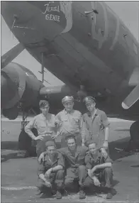  ??  ?? ■ John Head and crew. He mostly flew B-17s on bombing missions over Germany. “Nose art” was common for American planes. Head and his crew dubbed their plane The Texas Genie, featuring a Genie wearing a Stetson hat.