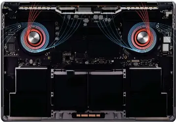  ??  ?? Das neue Hitzeleits­ystem im Macbook Pro 16 Zoll ermöglicht es dem Prozessor, länger unter Volllast zu laufen.