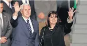  ?? [AP PHOTO] ?? U.S. Vice President Mike Pence and his wife Karen wave as they land at Tel Aviv airport Sunday. Pence will pay a three day visit to Israel.