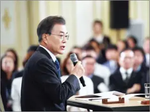  ?? JUNG YEON-JE/AFP ?? South Korea’s President Moon Jae-in speaks during a press conference marking his first 100 days in office at the presidenti­al house in Seoul yesterday.