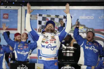  ?? JOHN RAOUX — THE ASSOCIATED PRESS ?? Ricky Stenhouse Jr. celebrates in Victory Lane after winning the NASCAR Daytona 500 auto race at Daytona Internatio­nal Speedway, Sunday, Feb. 19, 2023, in Daytona Beach, Fla.