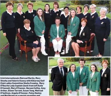  ?? Photo by Michelle Cooper Galvin ?? Irish Internatio­nals Mairead Martin, Mary Sheehy and Valerie Clancy with Killarney Golf Club Ladies Committee Sheila Crowley, Mary O’Rourke Lady Captain (back from left Katie O’Connell, Mary O’Connor, Noreen Coffey, Amy Arthur, Eileen Tarrant, Susan...