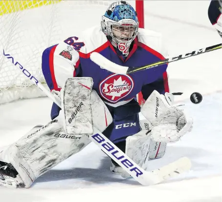  ?? NICK BRANCACCIO ?? Despite the club’s youth, Spitfires goaltender Michael DiPietro says “we’re not going to roll over for anyone” come playoff time.