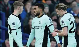  ?? Photograph: Darren Walsh/Chelsea FC/Getty
Images ?? Chelsea’s Reece James walks off at Everton after sustaining a hamstring injury, with Conor Gallagher taking the captain’s armband.