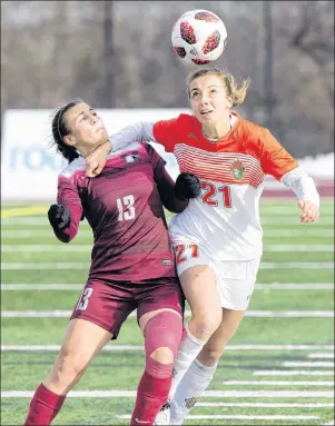  ?? SUBMITTED PHOTO/U SPORTS ?? Rachel Leck of the Cape Breton Capers women, right, scored the game’s lone goal in a 1-0 victory over the McMaster Marauders in the U Sports bronze medal match on Sunday in Ottawa. Leck is shown battling with Claudia Continenza of the Marauders.