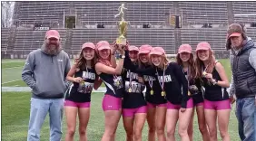  ?? MEDIANEWS GROUP STAFF PHOTO ?? The Strath Haven girls cross country team holds up the trophy after winning the District 1Class 3A girls team title Friday at Lehigh University.