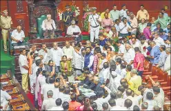  ?? AP ?? ▪ BJP legislator­s raise slogans as Karnataka governor Vajubhai Vala addresses the joint session of assembly on the first day of the Budget Session at Vidhan Soudha in Bengaluru on Wednesday.