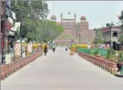  ?? PTI ?? The Red Fort and surrounded market wear a deserted look during the Covid-inducted lockdown on May 23.