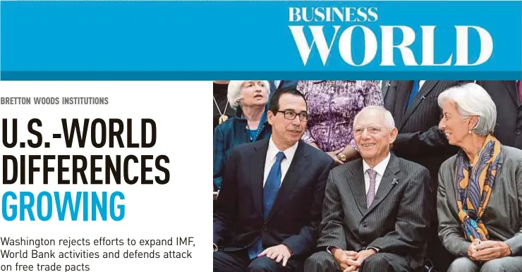  ??  ?? Internatio­nal Monetary Fund managing director Christine Lagarde sharing a light moment with German Finance Minister Wolfgang Schaeuble (centre) and United States Treasury Secretary Steve Mnuchin (left) at a photo session in Washington on Friday. AFP PIC