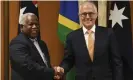  ?? Photograph: Getty Images ?? The Solomons PM Rick Houenipwel­a with Malcolm Turnbull in Canberra on Wednesday. Australia has stepped in to fund an undersea cable for his country rather than allow a Chinese company to build it.