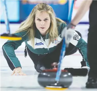  ?? JONATHAN HAYWARD/THE CANADIAN PRESS ?? Team Wild Card skip Jennifer Jones watches a shot in Sunday’s loss to the Rachel Homan rink in the semifinal at the Scotties Tournament of Hearts in Moose Jaw, Sask.