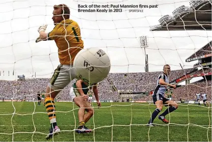  ?? SPORTSFILE ?? Back of the net: Paul Mannion fires past Brendan Kealy in 2013